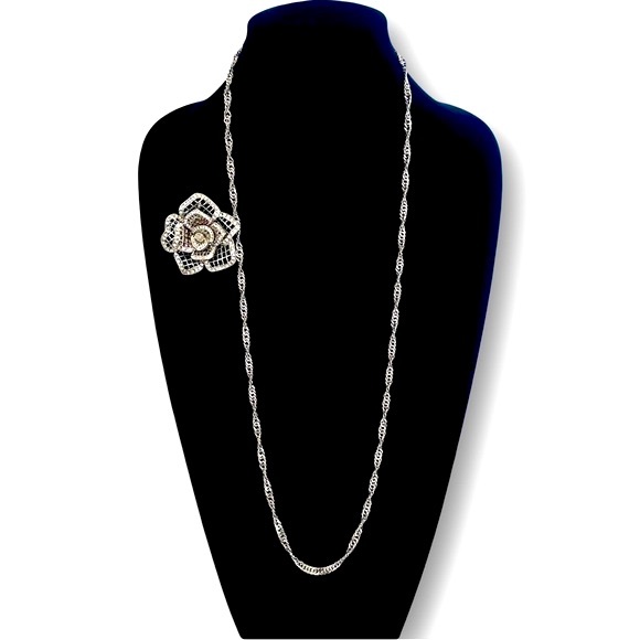 WHBM Pave Crystal Silver Rose Pendant/Broach Convertible Necklace NWT - Picture 4 of 14